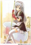  absurdres bathroom bathtub blue_eyes claw_foot_bathtub copyright_request gloves grey_hair highres komiya_yuuta maid maid_headdress mop sitting slipper_bathtub solo thighhighs white_legwear zettai_ryouiki 