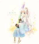  aqua_eyes chobi_(pixiv) colored_pencil dog flower hair_flower hair_ornament hair_ribbon highres hoshisaki_yume japanese_clothes long_hair multicolored multicolored_eyes oversized_object pencil pixiv pixiv-tan ponytail ribbon solo star very_long_hair 