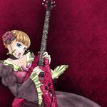  beatrice blonde_hair blue_eyes bow choker dress flower guitar highres instrument open_mouth oshiruko_(shiruko) pink_bow ribbon rose short_hair solo umineko_no_naku_koro_ni 