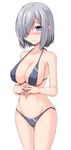  bikini blue_bikini blue_eyes blush breasts collarbone covered_nipples grey_hair hair_ornament hair_over_one_eye hairclip hamakaze_(kantai_collection) kantai_collection kokorono_arika large_breasts navel simple_background solo swimsuit white_background 