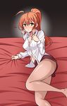  active_raid ahoge bed_sheet blush brown_eyes dress_shirt gabayo long_hair long_sleeves looking_at_viewer lying on_side orange_hair pantyhose pink_legwear ponytail sheet_grab shirt solo white_shirt yamabuki_rin 