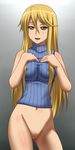 1girl awa bare_arms bare_legs blonde_hair blush breasts erect_nipples eyebrows eyebrows_visible_through_hair hands_on_own_chest highschool_of_the_dead large_breasts legs long_hair looking_at_viewer marikawa_shizuka navel no_panties no_pussy parted_lips shaved simple_background sleeveless sleeveless_sweater smile solo standing sweater thighs turtleneck yellow_eyes 