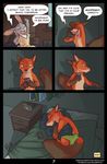  2016 alarm_clock anthro bed buckteeth canine carrot cellphone clock clothing comic detailed_background dialogue digital_media_(artwork) disney duo english_text female food fox fridge fur green_eyes grey_fur inside judy_hopps lagomorph long_ears male mammal nick_wilde night open_mouth orange_fur phone pillow pipe purple_eyes rabbit raining red_fur rick_griffin sleeping sleepy teeth text vegetable white_fur zootopia 