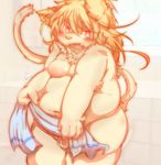  anthro balls bathroom big_butt blush butt cat chest_tuft convenient_censorship covering covering_crotch covering_self fangs feline front_view girly hair half-closed_eyes inner_ear_fluff inside inverted_nipples long_hair long_tail looking_at_viewer male mammal mao moobs navel neck_tuft nervous nipples nude obese open_mouth overweight overweight_male pink_nose red_eyes shy solo standing teeth thick_thighs tongue towel tsurugi tuft 