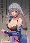  animal_ears artist_name bare_shoulders bdsm black_bra black_panties blue_jacket blush bondage bound bra breasts buckle bunny_ears bunny_tail chain cleavage closed_mouth collar collarbone contrapposto cowboy_shot cuffs deviantart_username ears_down facebook_username frown glint hair_between_eyes handcuffs humanization jacket judy_hopps large_breasts lips long_sleeves looking_at_viewer off_shoulder open_clothes open_jacket panties patreon_logo patreon_username pink_eyes restrained short_hair silver_hair solo songjikyo standing tail tumblr_username underwear watermark web_address zootopia 