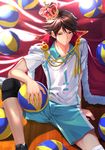  brown_eyes brown_hair cape crown gym_shorts haikyuu!! highres knee_pads looking_at_viewer male_focus oikawa_tooru_(haikyuu!!) shorts sitting solo sportswear swordsouls volleyball volleyball_uniform 