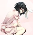  animal_ears bangs black_hair bunny_ears bunny_tail dress eyebrows eyebrows_visible_through_hair gorilla_(bun0615) highres inaba_tewi looking_at_viewer looking_back puffy_short_sleeves puffy_sleeves red_eyes short_hair short_sleeves simple_background sitting solo tail touhou 