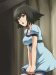  5pb. :o awa black_eyes black_hair breasts dress eyebrows eyebrows_visible_through_hair legs looking_away nitroplus open_mouth parted_lips science_adventure serious shiina_mayuri short_hair short_sleeves shorts solo standing steins;gate thighs 