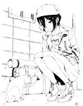  aida_takanobu animal bad_id bad_pixiv_id bag cat greyscale hat high_heels monochrome original short_hair skirt smile squatting 