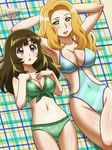  2girls :o armpits arms_behind_head arms_up awa bare_arms bare_legs bare_shoulders bikini blonde_hair blush breasts character_request cleavage eyebrows eyebrows_visible_through_hair green_bikini green_eyes green_hair hands_on_own_chest large_breasts legs long_hair looking_at_viewer lying midriff mound_of_venus multiple_girls navel on_back parted_lips pink_eyes small_breasts smile source_request swimsuit thighs 