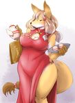  anthro breasts brown_eyes brown_hair canine chinese_clothes chinese_clothing chinese_dress cleavage clothed clothing dog dress female fox furry hair hair_ornament hairclip kemono long_hair mammal menu multicolored_hair red_eyes setouchi_kurage simple_background smile standing tea teacup teapot tray white_background 