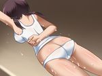  1girl arms_behind_back arms_up ass awa back backboob bare_arms bare_legs black_hair breasts butt_crack erect_nipples from_behind gertrud_barkhorn large_breasts legs midriff panties simple_background sleeveless solo standing strike_witches sweat thighs twintails underwear white_panties 