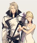  1boy 1girl arm_hug blonde_hair brother_and_sister dress final_fantasy final_fantasy_xv grin high_collar long_coat lunafreya_nox_fleuret mad369 prosthesis prosthetic_arm ravus_nox_fleuret siblings smile white_coat white_dress white_hair 