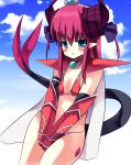  1girl armor bangs between_legs bikini bikini_armor blue_eyes blue_sky blush cape choker cloud cowboy_shot curled_horns day dragon_girl dragon_horns dragon_tail elizabeth_bathory_(brave)_(fate) elizabeth_bathory_(fate) elizabeth_bathory_(fate)_(all) eyebrows_visible_through_hair fate/grand_order fate_(series) female gradient gradient_background hair_between_eyes hair_ribbon hairband hand_between_legs hands_together have_to_pee horns looking_at_viewer open_mouth outdoors pauldrons pink_hair pointy_ears purple_ribbon red_armor red_bikini red_choker ribbon ruugaruu sky solo standing swimsuit tail tied_hair two_side_up v_arms white_cape white_hairband 