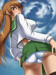  1girl :o ass awa blush breasts brown_eyes brown_hair cameltoe eyebrows eyebrows_visible_through_hair from_below green_skirt highschool_of_the_dead large_breasts legs long_hair long_sleeves looking_back miyamoto_rei panties parted_lips ponytail school_uniform sideboob simple_background skirt solo standing thighs under_skirt underwear white_panties 