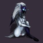  breasts butt caprine chest_tuft digital_media_(artwork) featureless_breasts female fur glowing glowing_eyes hair hand_on_leg hooves kindred_(lol) lamb_(lol) league_of_legends long_ears long_hair looking_down mammal mask nude pussy sheep side_view sitting solo spirit tuft video_games 