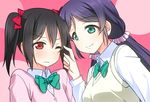  black_hair blush bow cardigan green_eyes hair_bow long_hair love_live! love_live!_school_idol_project low_twintails multiple_girls one_eye_closed pink_scrunchie purple_hair red_eyes scrunchie smile sweater_vest toujou_nozomi twintails umekichi yazawa_nico 