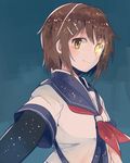  brown_hair furutaka_(kantai_collection) glowing glowing_eye hair_ornament hairclip itomugi-kun kantai_collection school_uniform serafuku short_hair smile solo yellow_eyes 