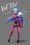  belt blue_hair blush breasts commentary_request gloves highres kula_diamond long_hair looking_at_viewer medium_breasts puyon_(puyon) red_eyes simple_background smile solo the_king_of_fighters the_king_of_fighters_xiv white_background 