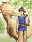  backpack bag beak belt belt_buckle blue_eyes blurry blurry_background boco bright_pupils brown_eyes brown_hair brown_pants buckle butz_klauser chocobo closed_mouth cowboy_shot dappled_sunlight eye_contact final_fantasy final_fantasy_v long_sleeves looking_at_another male_focus mico_(paleshelter) over_shoulder pants sheath sheathed short_hair sleeves_folded_up smile standing sunlight sword weapon weapon_on_back 
