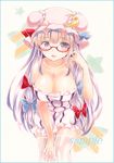  bangs bare_shoulders bespectacled blue_ribbon blunt_bangs blush breasts cleavage collarbone colored_pencil_(medium) crescent crescent_hair_ornament eyebrows eyebrows_visible_through_hair glasses hair_ornament hair_ribbon hat large_breasts leaning_forward long_hair looking_at_viewer marker_(medium) mob_cap open_mouth patchouli_knowledge potto purple_eyes purple_hair red-framed_eyewear red_ribbon ribbon sample semi-rimless_eyewear solo thighhighs touhou traditional_media tress_ribbon very_long_hair white_legwear 