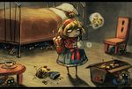  ? alice_margatroid bed blonde_hair box broken capelet cardboard_box chair commentary cowering cup doll dynamite explosive hairband hiding koto_inari looking scared shanghai_doll sign spoken_question_mark table teacup thought_bubble touhou under_bed under_table warning_sign winding_key 