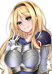  armor blonde_hair blush bodysuit boobplate breastplate breasts gloves green_eyes hairband head_tilt highres large_breasts league_of_legends long_hair looking_at_viewer luxanna_crownguard simple_background smile solo tenma_haruka upper_body w white_background white_gloves 