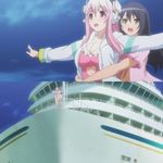  2girls black_hair breasts fujimi_suzu green_eyes hug hug_from_behind large_breasts long_hair multiple_girls nitroplus open_mouth parody pink_hair red_eyes super_sonico swimsuit titanic yuri 