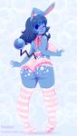  2016 anthro azumarill big_breasts big_butt blue_hair blue_skin blush bra breasts butt clothed clothing female hair hi_res legwear long_hair looking_at_viewer nintendo one_eye_closed pastelletta pok&eacute;mon pok&eacute;morph smile solo stockings tongue tongue_out underwear video_games white_skin wide_hips wink 