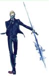  1boy adjusting_eyewear animal_print black_jacket brown_hair covering_face final_fantasy final_fantasy_xv glasses gloves ignis_scientia jacket leopard_print mad369 male_focus polearm solo spear walking weapon 