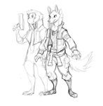  2016 anthro canine clothed clothing dog duo female gun guoh jacket male mammal monkey pants primate ranged_weapon simple_background sketch weapon white_background 