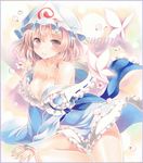  blue_dress breasts bug butterfly cherry_blossoms cleavage colored_pencil_(medium) dress hat insect japanese_clothes large_breasts long_sleeves marker_(medium) mob_cap obi petals pink_eyes pink_hair potto saigyouji_yuyuko sash solo touhou traditional_media triangular_headpiece wide_sleeves 