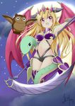  2014 artist_name benchen06 bird blonde_hair breasts demon_girl demon_wings fang gloves horns lilith_(p&amp;d) long_hair medium_breasts moon owl pointy_ears purple_eyes puzzle_&amp;_dragons scythe snake solo wings 