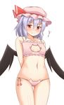  arms_behind_back bare_shoulders bat_wings blush breasts cat_lingerie collarbone fang fang_out hat lowleg lowleg_panties meme_attire mob_cap navel panties purple_hair red_eyes remilia_scarlet short_hair shy side-tie_panties small_breasts solo thigh_gap touhou underwear uu~ wavy_mouth wings yuu_(yu0221f) 