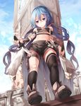  asymmetrical_legwear blue_eyes blue_hair boots breasts building cape clock clock_tower cloud cloudy_sky day from_below full_body highres holding holding_weapon kneehighs knife long_hair looking_at_viewer midriff navel original saraki shorts single_kneehigh single_thighhigh sky small_breasts smile solo thighhighs tower twintails weapon wrist_cuffs 