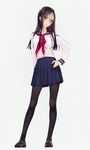 black_hair blue_eyes breasts full_body hand_on_hip highres loafers long_hair looking_at_viewer md5_mismatch murakami_suigun original pantyhose parted_lips pleated_skirt school_uniform shoes skirt small_breasts smile solo standing 