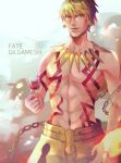  1boy alcohol bayinxie blonde_hair chains cup drinking_glass earrings fate/hollow_ataraxia fate_(series) gilgamesh highres jewelry male_focus necklace red_eyes shirtless tattoo wine wine_glass 