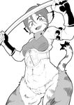  abs animal_ears breasts breath_of_fire breath_of_fire_ii bustier cat_ears cat_tail facial_mark furry gloves greyscale medium_breasts monochrome no_panties no_pants pointy_ears rinpoo_chuan short_hair solo sword tail weapon yuma_ryouhei 