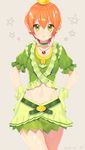  choker crown dated etsuo gloves green_eyes green_gloves green_skirt hands_on_hips hoshizora_rin jewelry looking_at_viewer love_live! love_live!_school_idol_project midriff music_s.t.a.r.t!! navel necklace orange_hair short_hair skirt smile solo 