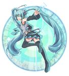  akino_coto aqua_eyes aqua_hair black_footwear black_legwear boots detached_sleeves hatsune_miku highres long_hair solo thigh_boots thighhighs twintails vocaloid zettai_ryouiki 