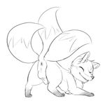  adorabelly anus backsack balls butt canine dipstick_tail eyes_closed feral fox fur looking_back male mammal maplestory multi_tail multicolored_tail penis playful presenting rear_view samiho simple_background sketch solo teeth white_background 