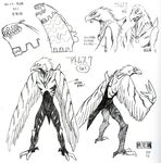  alien anime anthro atomsk avian beak bird black_and_white duo feathers fooly_cooly markings model_sheet monochrome official_art text 