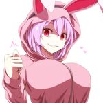  animal_ears animal_hood breasts bunny_ears bunny_hood carro_(watarui) commentary_request fig_sign grin heart highres hood hoodie large_breasts looking_at_viewer original purple_hair red_eyes shaded_face simple_background smile solo upper_body watarui white_background 