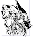  1girl 80s autobot bare_shoulders crossover detached_sleeves greyscale hairband headgear japanese_clothes kamizono_(spookyhouse) kantai_collection kongou_(kantai_collection) long_hair machinery mecha monochrome nontraditional_miko oldschool optimus_prime ribbon_trim robot science_fiction smile transformers upper_body 