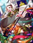  arihato banner blush castle flag green_eyes japanese_clothes jukei-in leaf naginata nun open_mouth original petals polearm sengoku_taisen solo weapon 