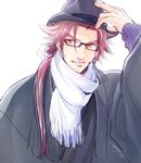  adjusting_clothes adjusting_hat bespectacled coat contemporary fedora glasses hat long_hair male_focus masato_(oal) ponytail red_hair scarf simple_background smile solo tonbokiri_(touken_ranbu) touken_ranbu white_background winter_clothes yellow_eyes 