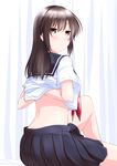  adjusting_bra adjusting_clothes blue_eyes blush bra brown_hair long_hair looking_at_viewer mikage_takashi neckerchief original school_uniform serafuku sitting skirt solo underwear 