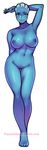  alien arm_up asari blue_eyes blue_skin breasts contrapposto crossed_ankles curvy dark_nipples eyebrows freckles full_body large_breasts liara_t'soni mass_effect navel nipples nude popsiclebunny pussy solo standing thigh_gap toes watermark web_address white_background 