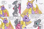  anthro blush clothing comic cynder dialogue dragon embarrassed green_eyes happy horn humor jazz_the_tiger laugh purple_body purple_eyes scalie smile source_request spyro spyro_the_dragon suggestive text undressing video_games wings 