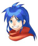  blue_eyes blue_hair breath_of_fire breath_of_fire_i face facial_mark forehead_mark geno_(artist) grin male_focus portrait ryuu_(breath_of_fire_i) simple_background smile solo white_background 